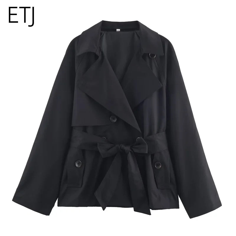 ETJ Autumn 2025 Women's British-Style Lapel Double-Breasted Maillard Color Belt Casual Trench Coat