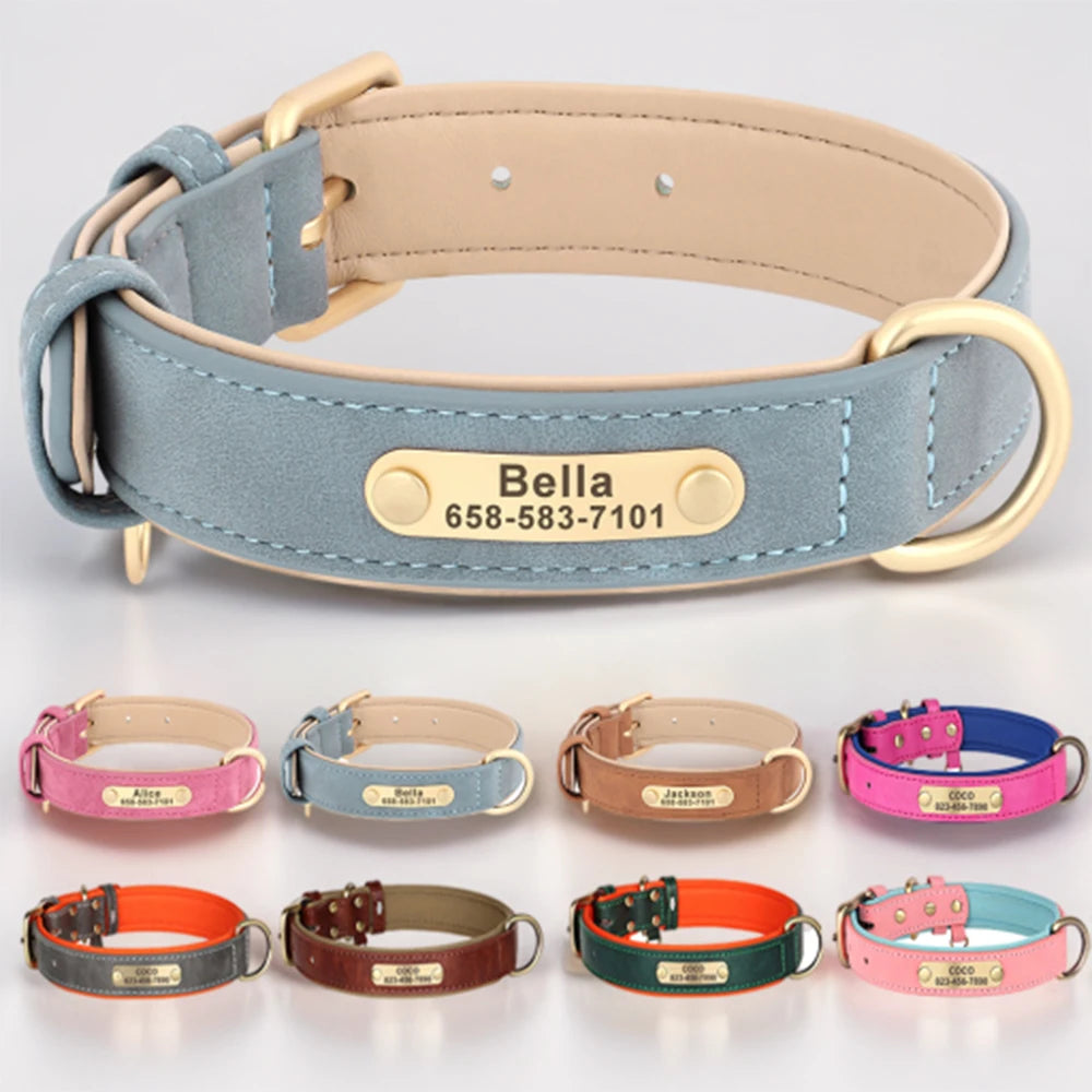 Personalized PU Leather Dog Collar – Custom Engraved Nameplate ID Tag for Small, Medium & Large Dogs
