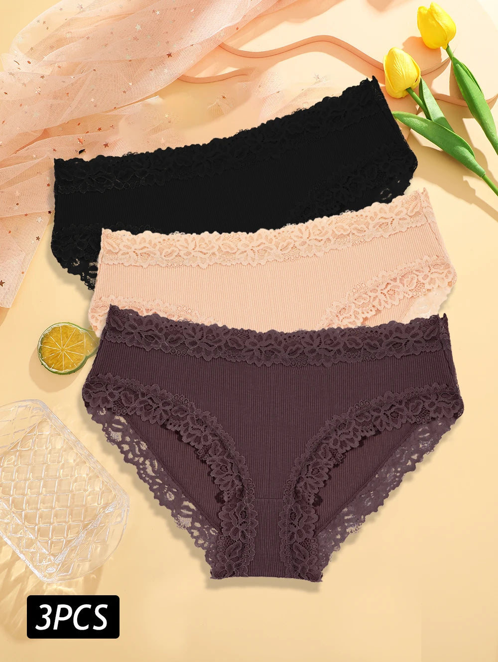 3PCS Set Women's Sexy Lace Cotton Low Rise Panties Floral Seamless Soft Breathable Underwear S-XL