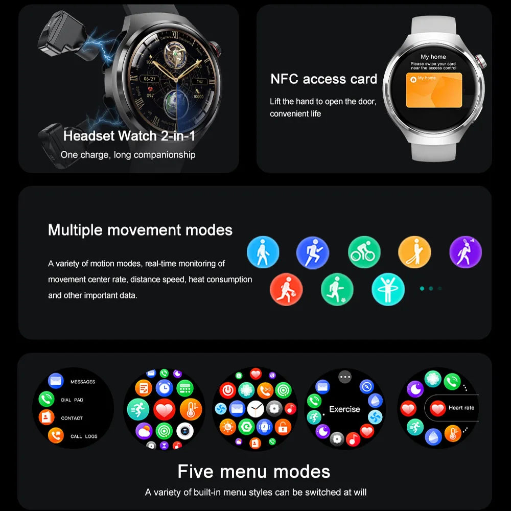 ساعة ذكية 2 في 1 مع سماعات بلوتوث - شاشة عالية الدقة 1.53 بوصة، مكالمات بلوتوث، NFC، GPS، ومتتبع معدل ضربات القلب
