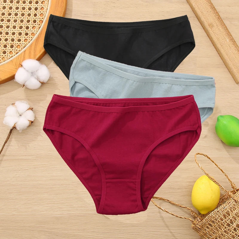 3PCS Set Women's Cotton Jacquard Panties Solid Color Sexy Briefs Underwear S-XL