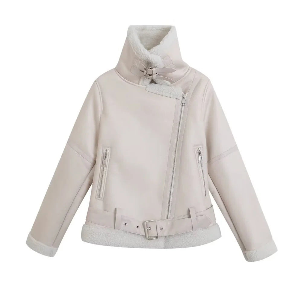 2024 Autumn/Winter Fashion Women's Fur Integrated Retro Motorcycle Jacket