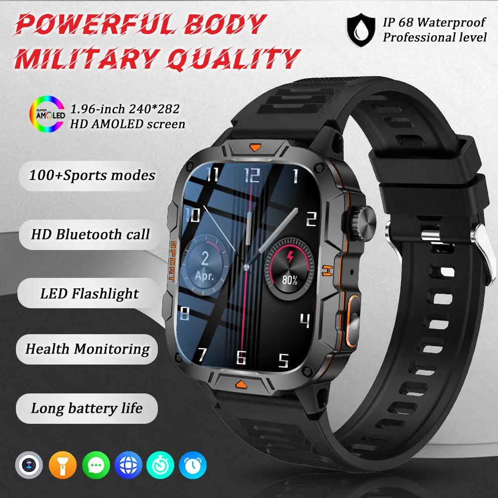 2025 New Military Smart Watch for Men – 1.96" AMOLED Display, 5ATM Waterproof Fitness Tracker | Bluetooth Call Smartwatch for Xiaomi