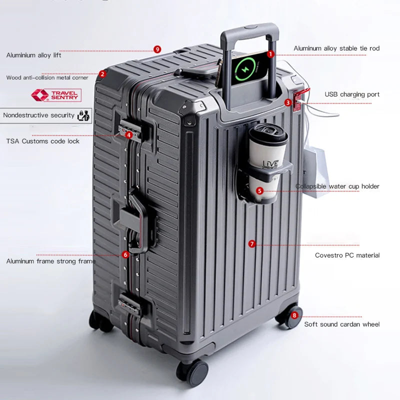 Wide Handle Travel Suitcase | PC Aluminum Frame Trolley Luggage for Men & Women | 20/24/26 Inch Carry-On