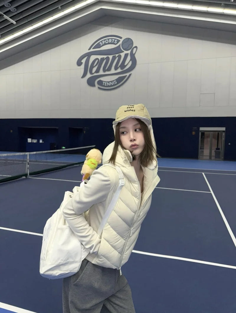 ETJ 2025 Women's Elegant Patchwork Long Sleeve Standing Collar Hooded Cotton Jacket Sport Coat