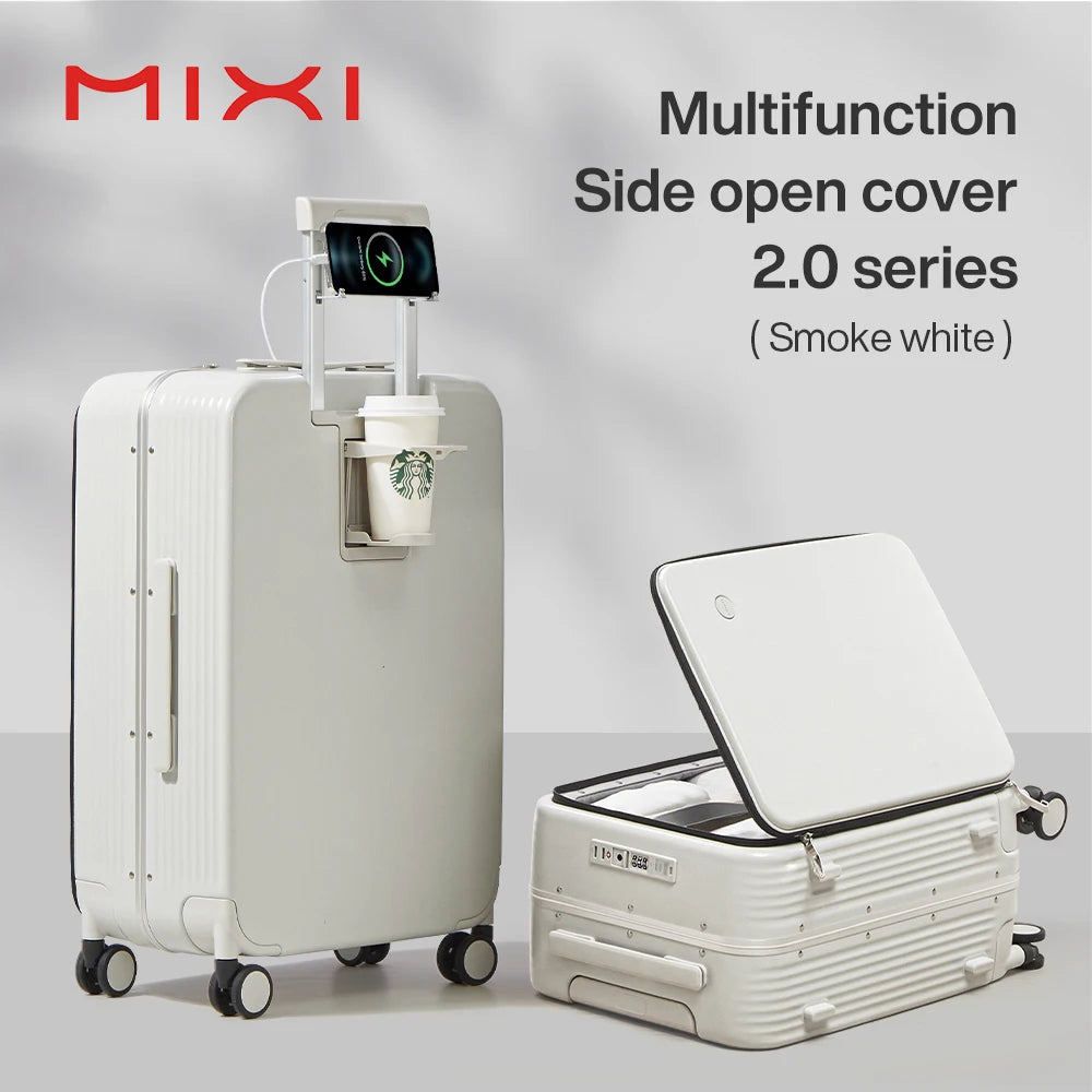 Mixi New Aluminum Frame Suitcase | Carry-On Rolling Luggage with USB, Cup & Phone Holder | 20/24 Inch Cabin Bag