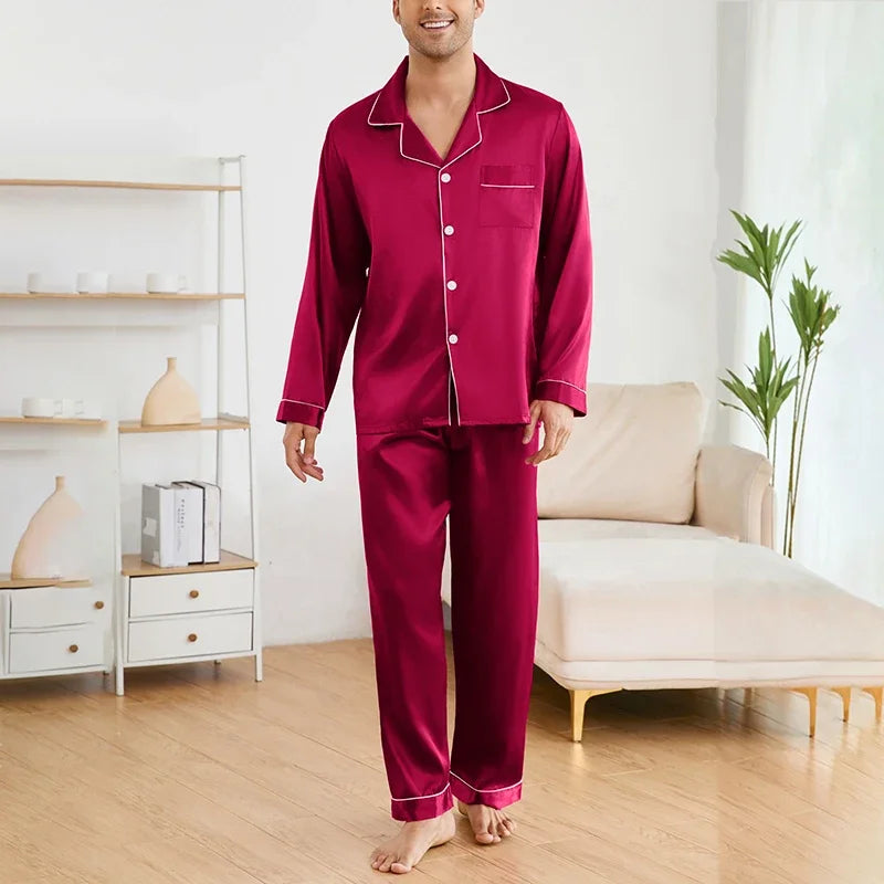 Men's Satin Pajama Set | Long Sleeve Top & Trousers | Soft Comfortable Autumn Sleepwear Loungewear