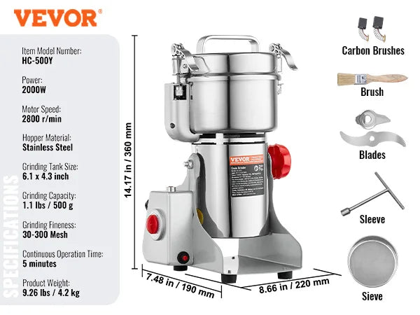 Electric Grain Mill Grinder 150-2500g Commercial Spice Herb Crusher