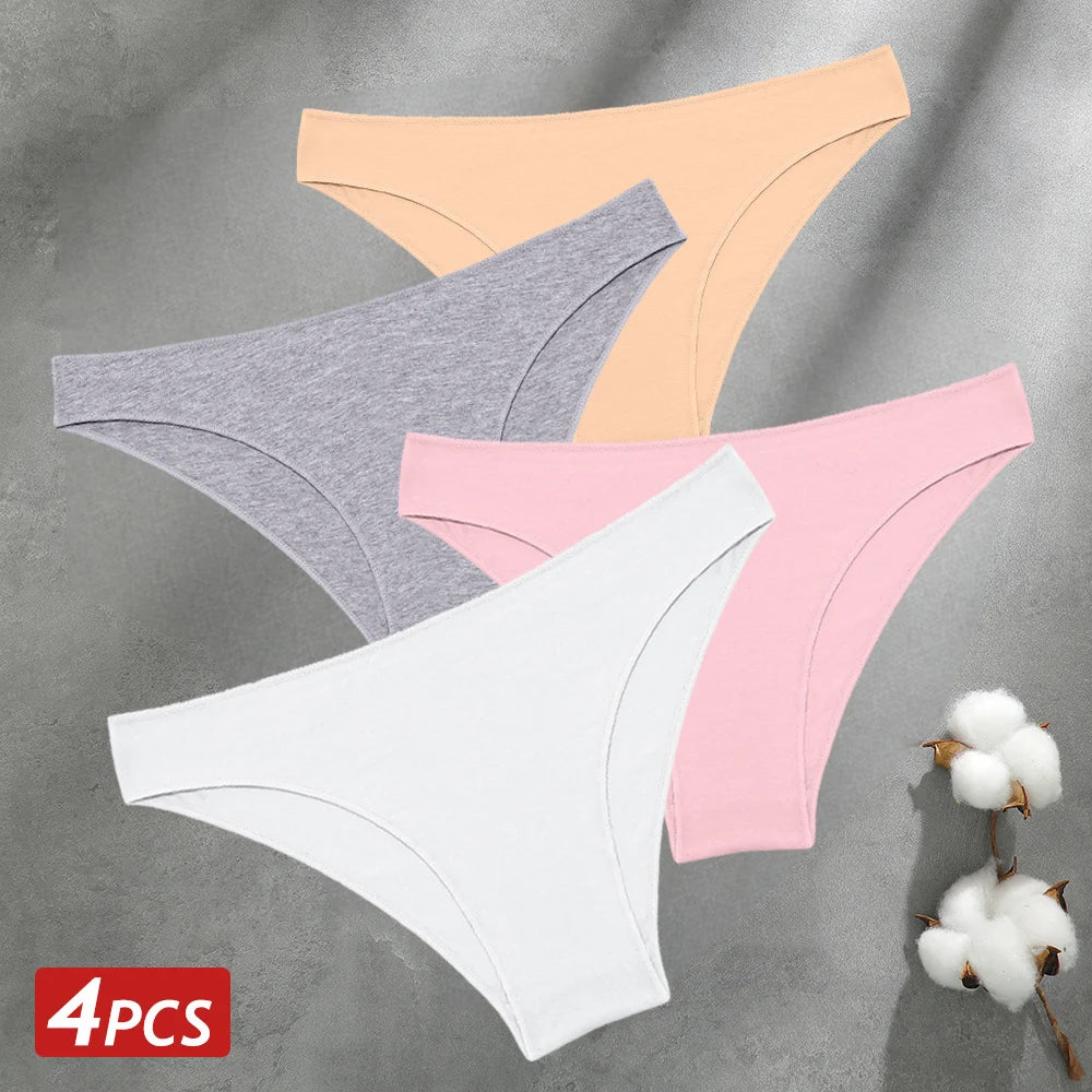 4PCS Seamless Cotton Panties Women Solid Color Low Waist Breathable Stretch Underwear
