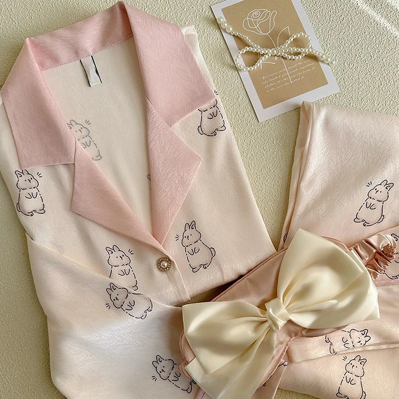 Women’s Silk Satin Pajamas Set – Two-Piece Sleepwear with Lace Trim, Sweet Home Loungewear for Spring & Autumn