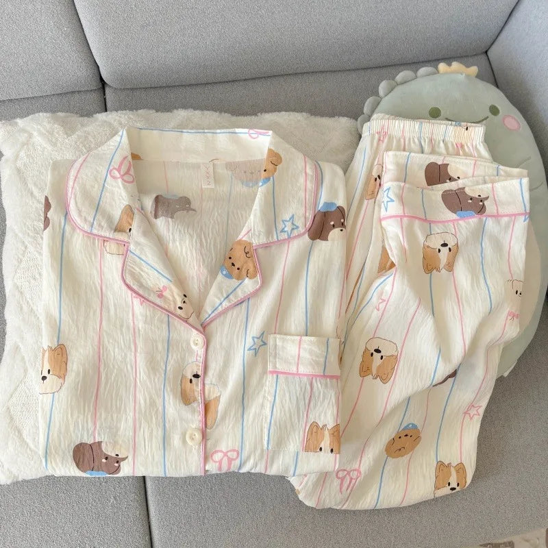Autumn Women's Kawaii Pajama Set | Harajuku Style Line Star Dog Print 2-Piece Cute Loungewear