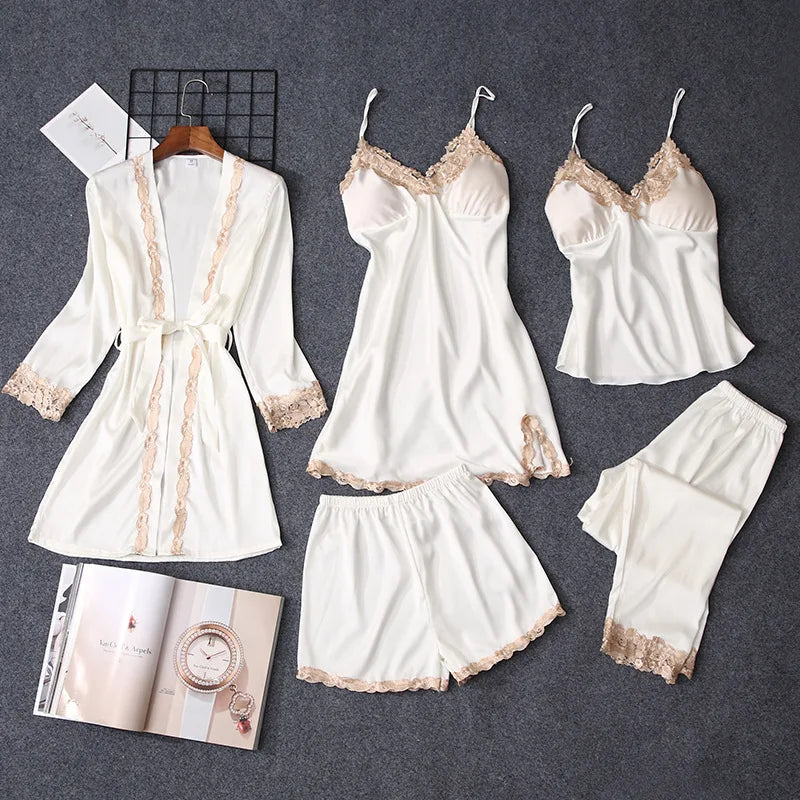 1/4/5PCS Women's Satin-Like Robe & Pajama Set | Lace V-Neck Cami Nightdress | Comfortable Home Sleepwear