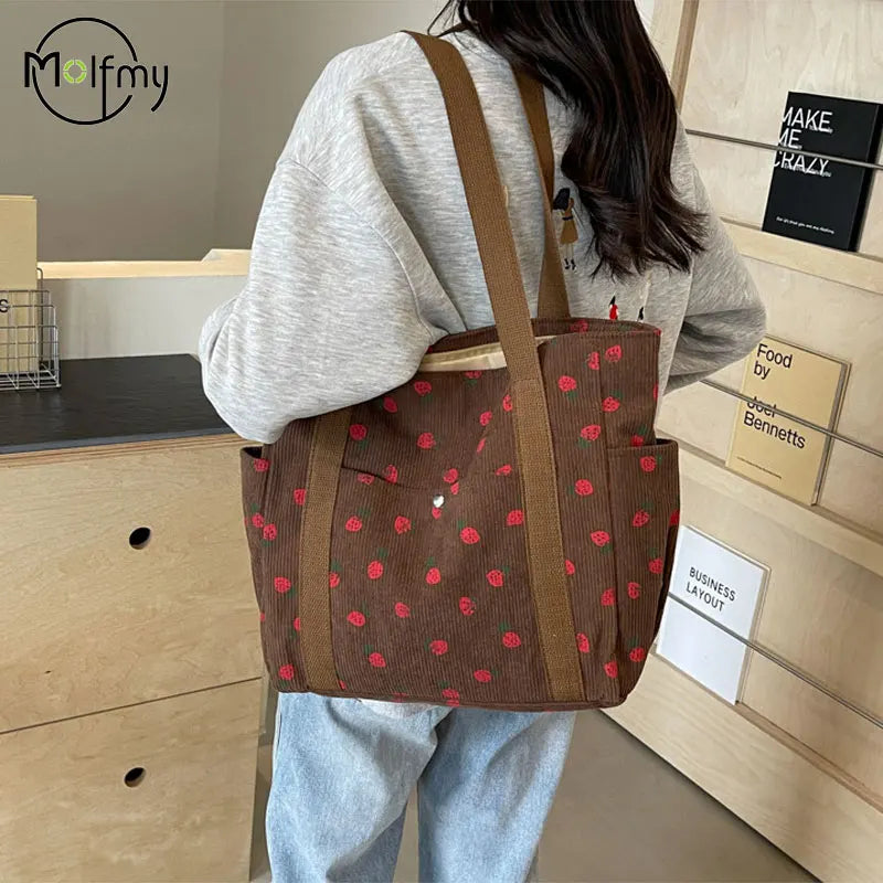 Women’s Strawberry Corduroy Handbag • Cute Fashion Shoulder Tote • Versatile Casual & Commuter Bag