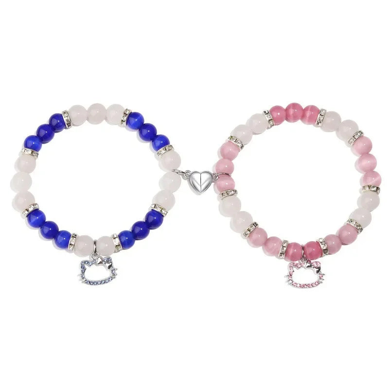 2-Pcs Spider Cat Charm Beaded Bracelets – Multi-Color Cat Eye Heart Bracelet Set for Best Friends, Red & Blue Beads with Fireball Spacer