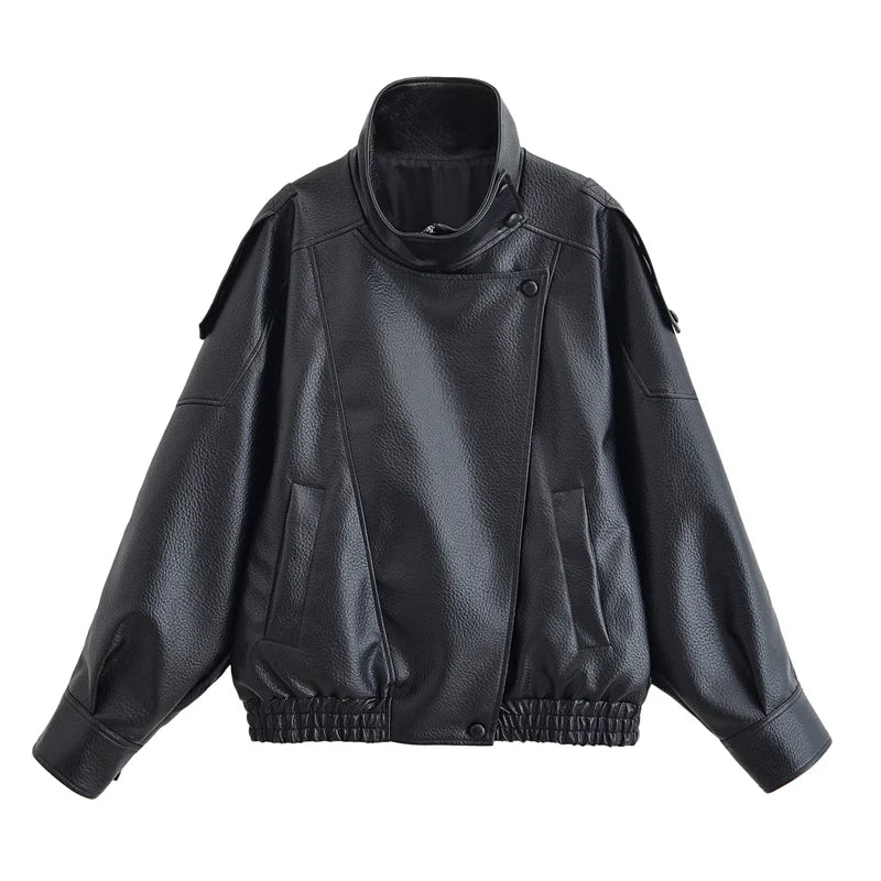 Women's Fall 2025 Black Pebble Faux Leather Motorcycle Jacket Long Sleeve Fashion Coat