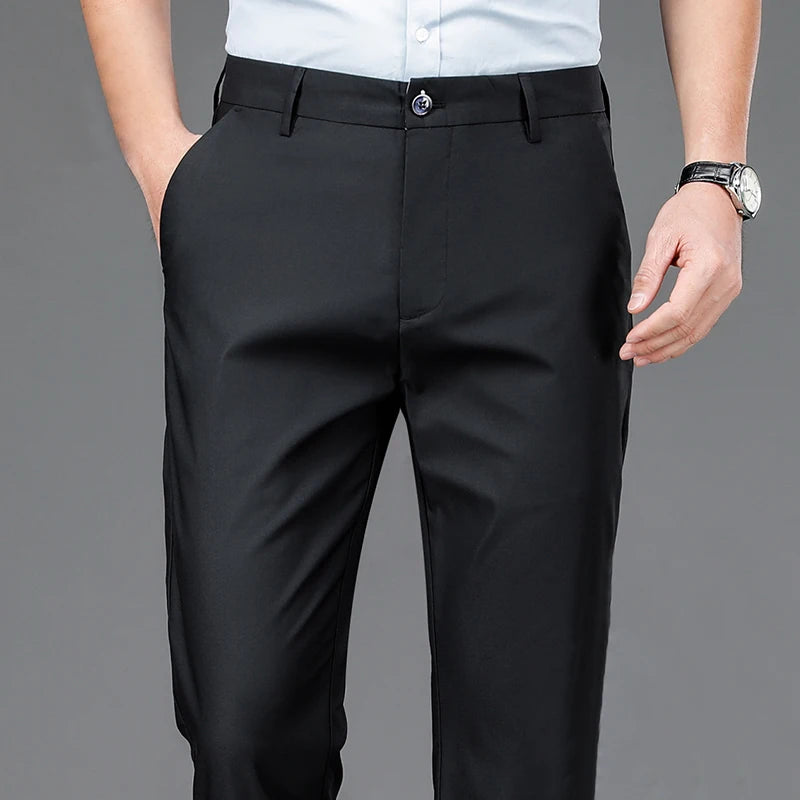 Male Smart Casual Pants | Stretchy Sports Men's Fast Dry Trousers | Spring Autumn Full Length Straight Office Black Navy Work Pants