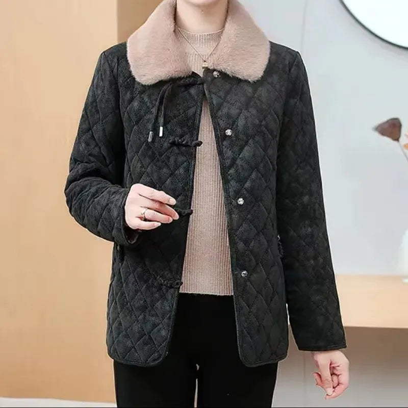 Winter Cotton Coat Women Lapel Warm Parka Quilted Plaid Cotton-Padded Overcoat