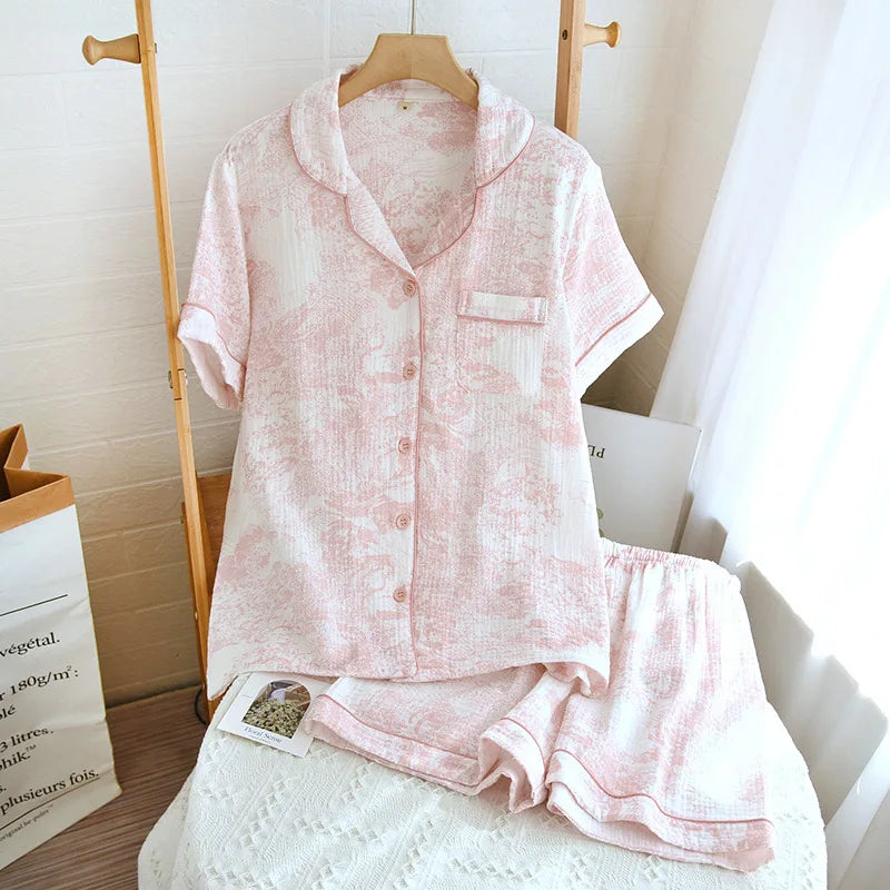 100% Cotton Gauze Women's Pajama Set | Ink Painting Print 2-Piece Sleepwear | Comfortable Nightwear & Home Loungewear