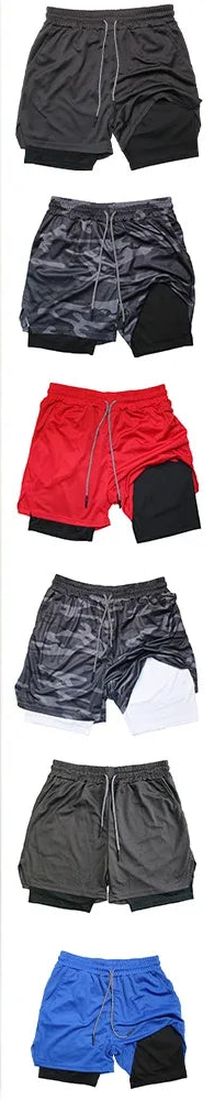 Camouflage and black shorts with additional color options displayed.