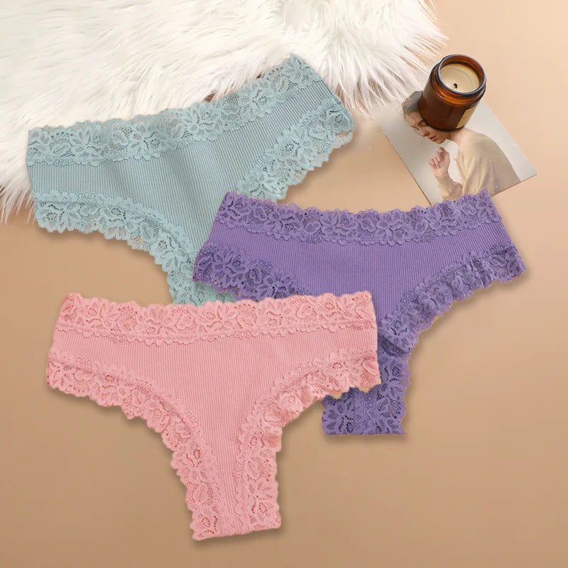 3PCS Women's Cotton Lace Brazilian Panties Soft Sexy Underwear Lingerie S-XL