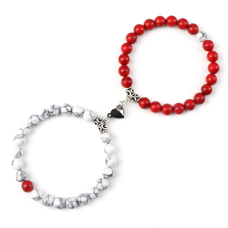 2-Pcs Natural Stone Bead Couple Bracelets – Heart Magnet Distance Friendship Jewelry Gift for Lovers
