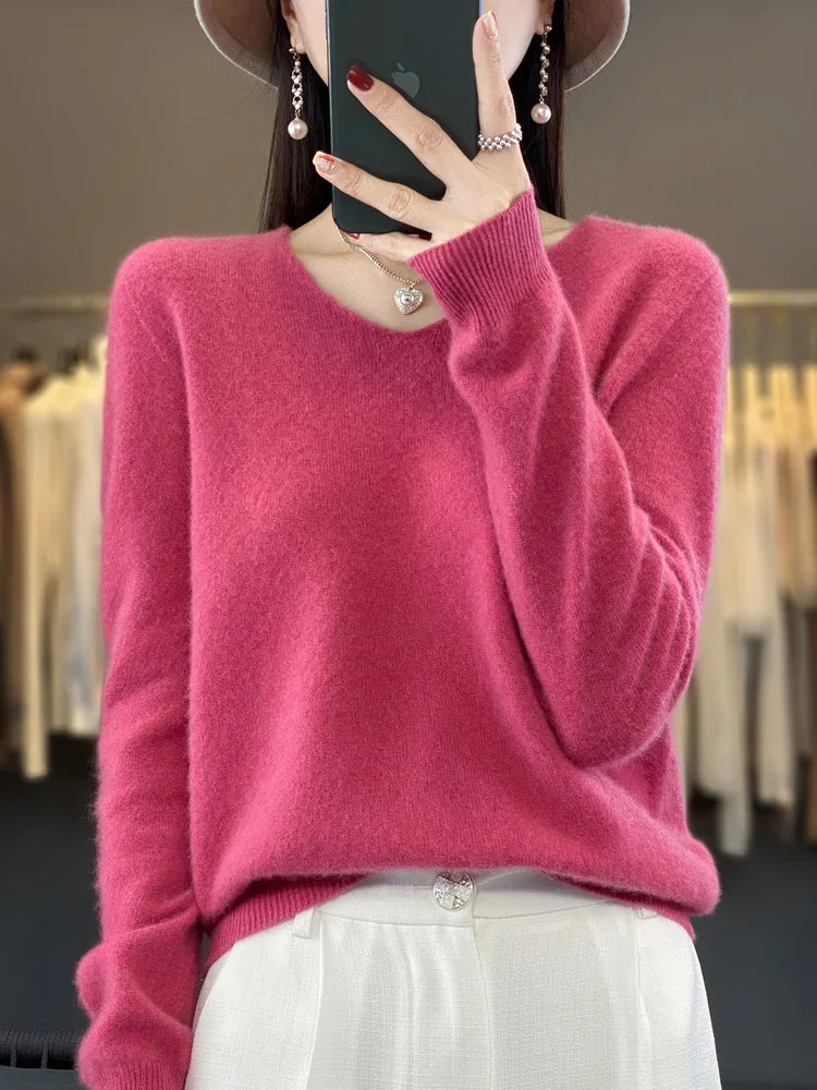 Fashion 100% Merino Wool Cashmere V-Neck Sweater Women Long Sleeve Autumn Winter Knitwear