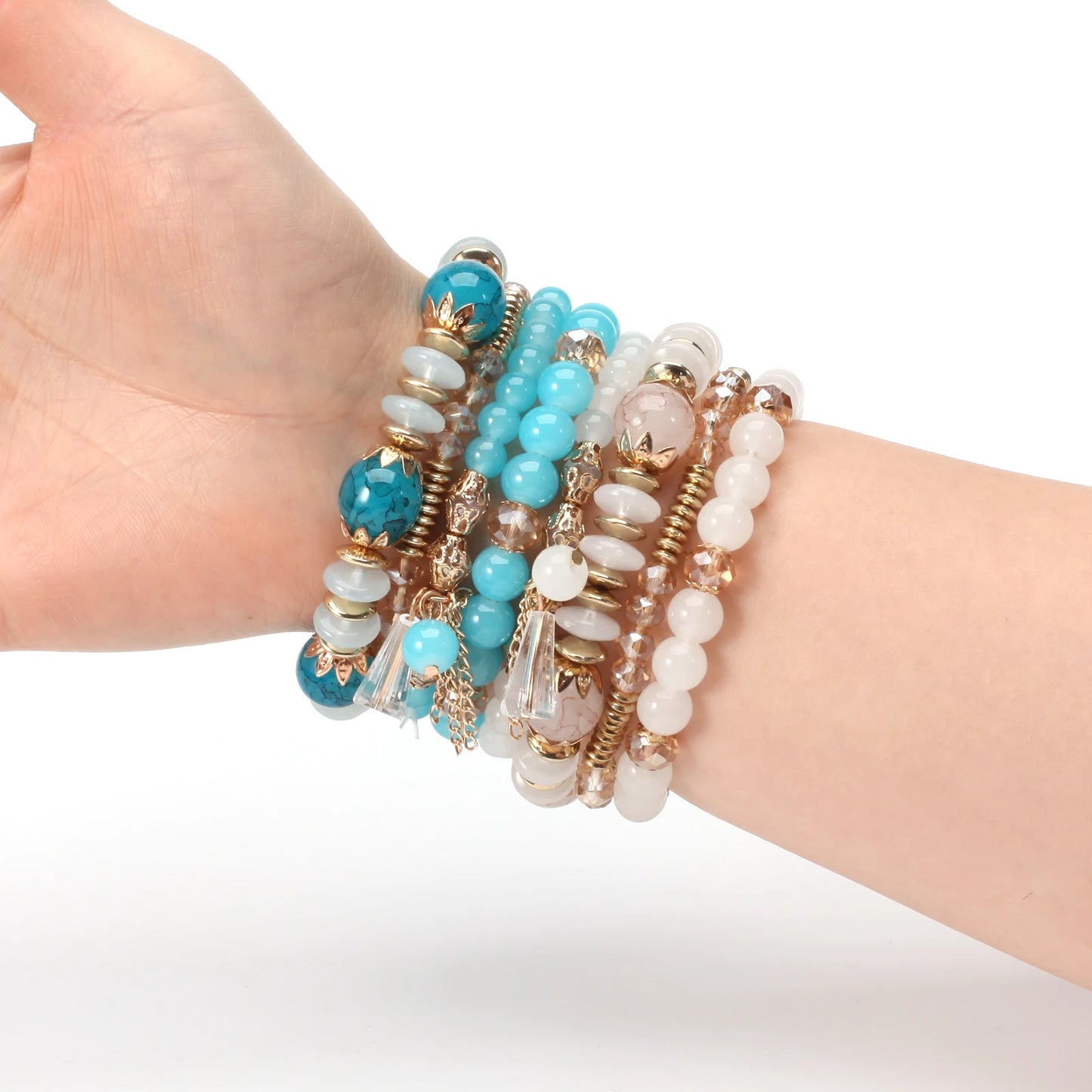 Bohemian Stackable Bead Bracelets for Women – Multilayered Stretch Bangles with Pendant Charms