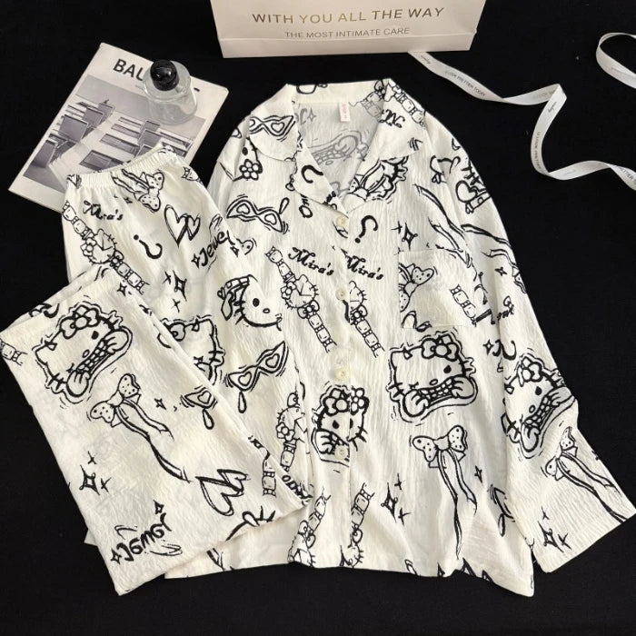 Autumn Women's Kawaii Pajama Set | Harajuku Style Line Star Dog Print 2-Piece Cute Loungewear