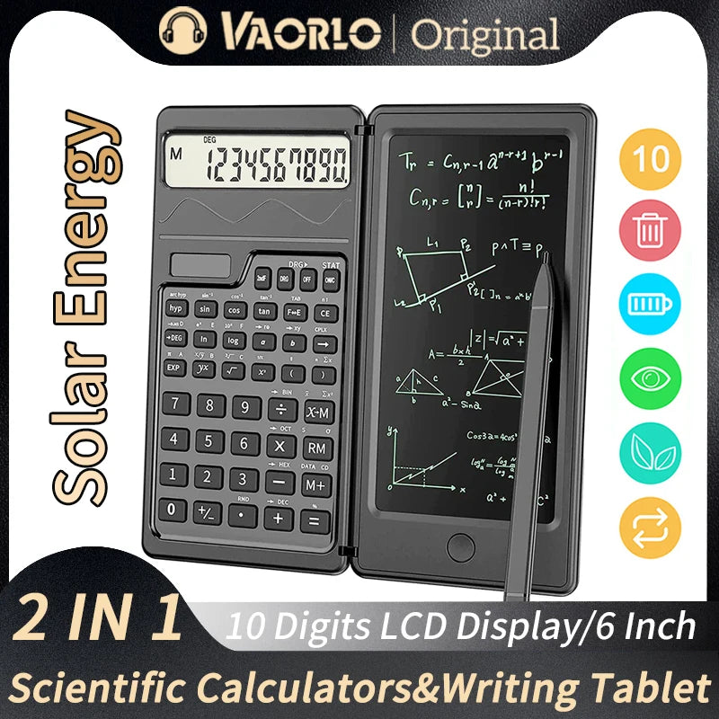 VAORLO 2-in-1 Foldable Scientific Calculator with 6" Writing Tablet – Digital Drawing Pad for School, Office & Business