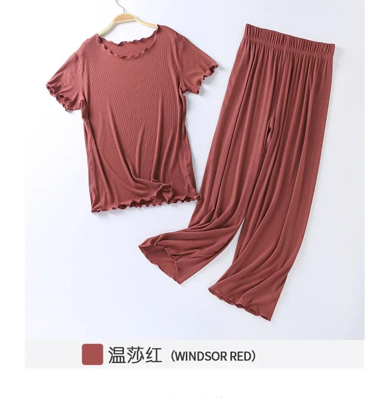 Japanese Summer Cotton Modal Pajama Set for Women | Short Sleeve Nine Point Pants | Large Size Home Sleepwear Suit
