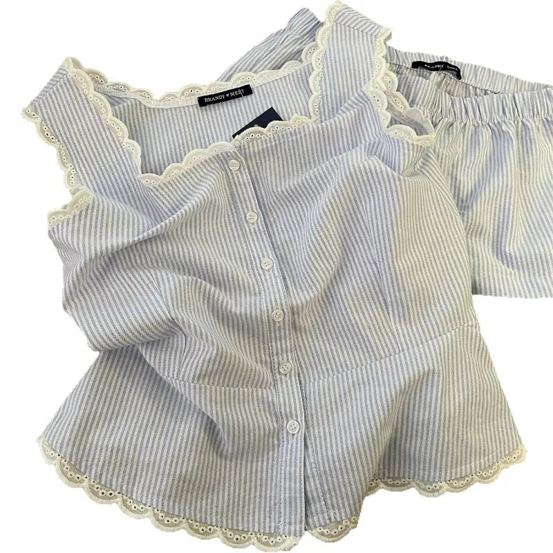 2025 Women's Striped Summer Pajama Set | Sleeveless Tank & Shorts 2-Piece Lace Sleepwear Homewear