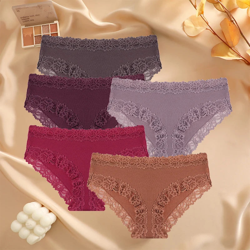 5PCS Set Women's Sexy Lace Cotton Low Rise Floral Panties Seamless Soft Breathable Underwear S-XL