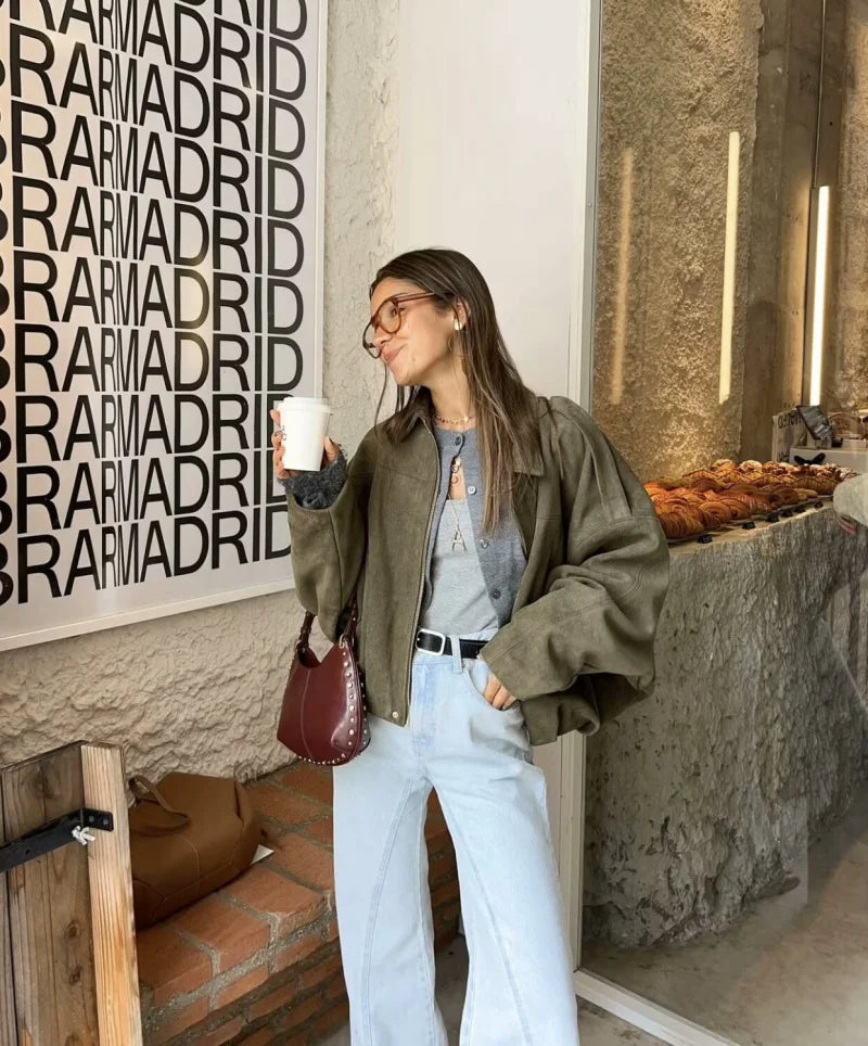 ETJ 2025 Spring Women's Suede-Texture Loose Lapel Shoulder Bomber Jacket