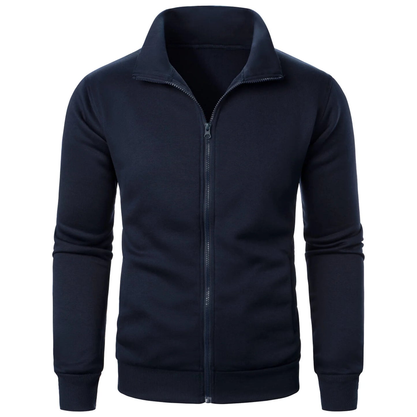 Men’s Casual Sports Jacket – Solid Color Zipper Stand-Up Collar Coat