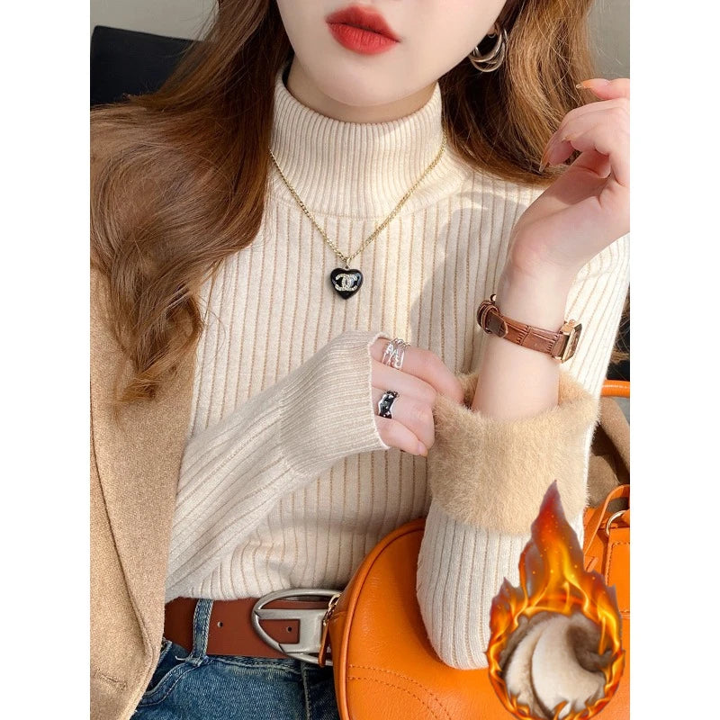 2025 Women’s Retro Turtleneck Sweater – Thick Velvet Lined Thermal Knit Pullover | Warm Winter Bottoming Shirt