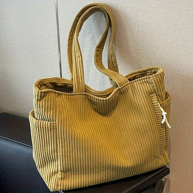 Women’s Corduroy Handbag • Large Capacity Shoulder Bag with Zipper • Casual Solid Color Tote for Daily & Commuter Use