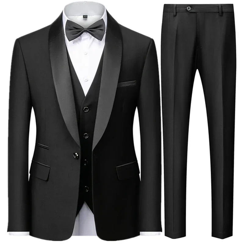 Men's Black 3-Piece Slim Fit Suit – Large Size Wedding & Party Outfit