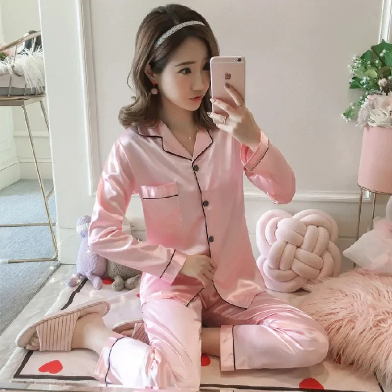 2025 Women's Silk Pajama Set | Long Sleeve Cardigan Ice Silk Sleepwear Home Clothing