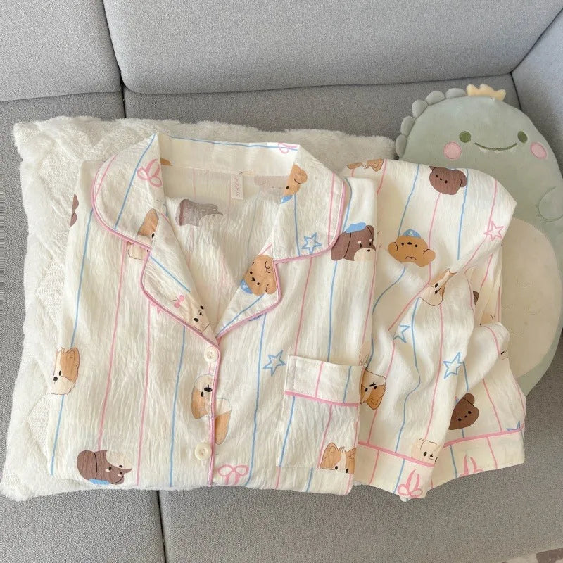 Autumn Women's Kawaii Pajama Set | Harajuku Style Line Star Dog Print 2-Piece Cute Loungewear