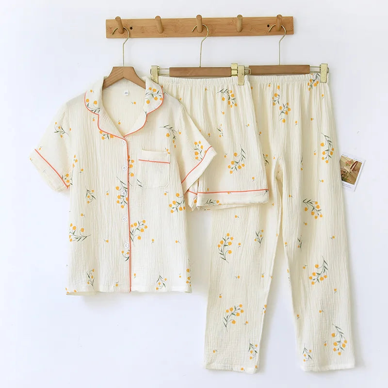 New Summer Women's Cotton Pajama Set | 3-Piece Short Sleeve, Shorts & Trousers Floral Sleepwear Large Size