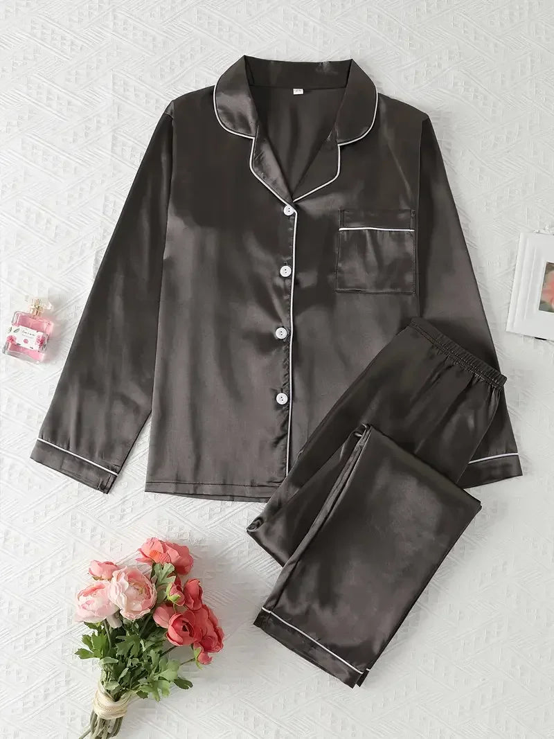 Autumn Winter Women's Silk Pajama Set | Soft Breathable Long Shirt Top & Pants Sleepwear