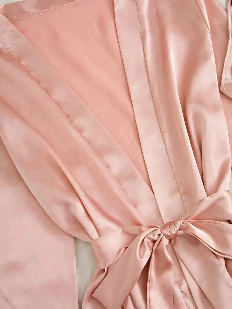 Women's Satin Sleepwear Pajama Set Pink Sexy Lingerie Bath Robe Lace Patchwork Silk Night Dress Trousers Home Nightwear