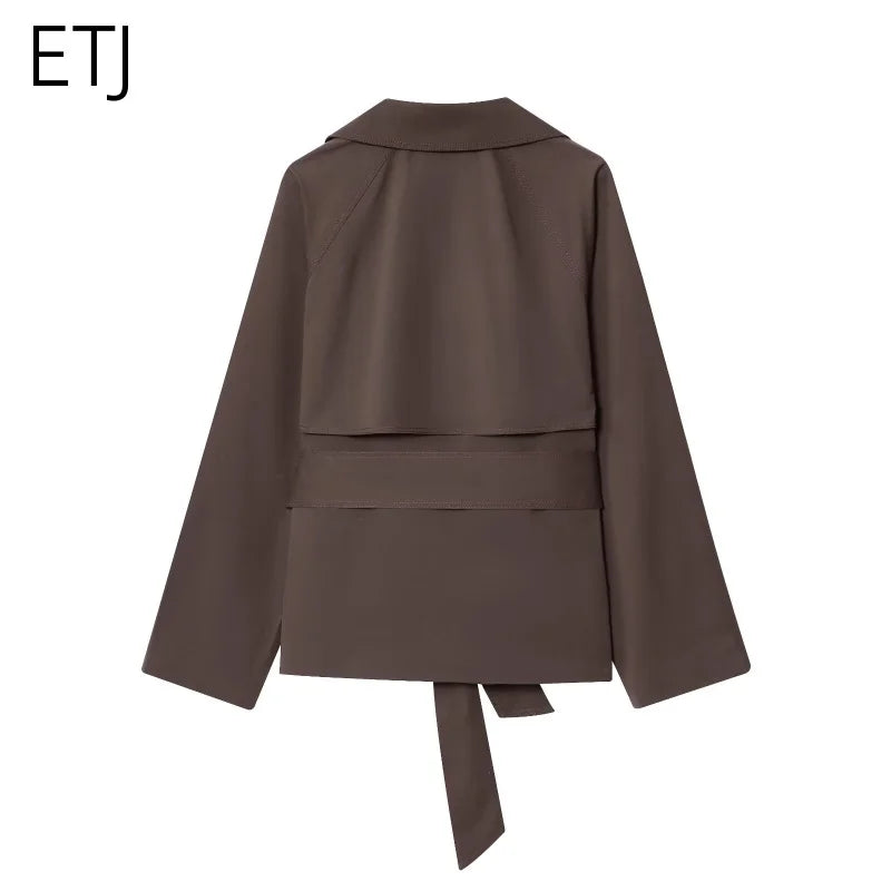 ETJ Autumn 2025 Women's British-Style Lapel Double-Breasted Maillard Color Belt Casual Trench Coat