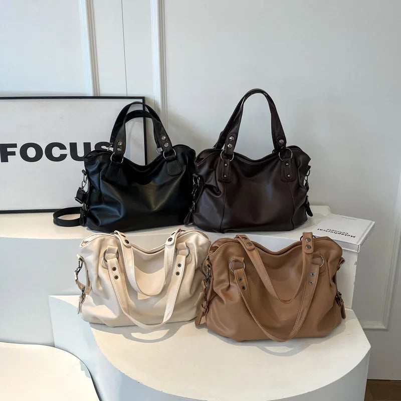 Large Capacity Black Shoulder Bag for Women – Soft Leather Tote, Crossbody Shopper & Travel Handbag