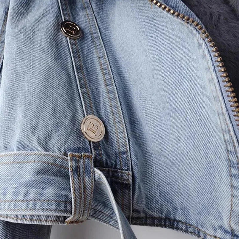 New Winter Denim Jacket Women Faux Fox Fur Collar Short Jean Coat with Warm Rabbit Hair Lining