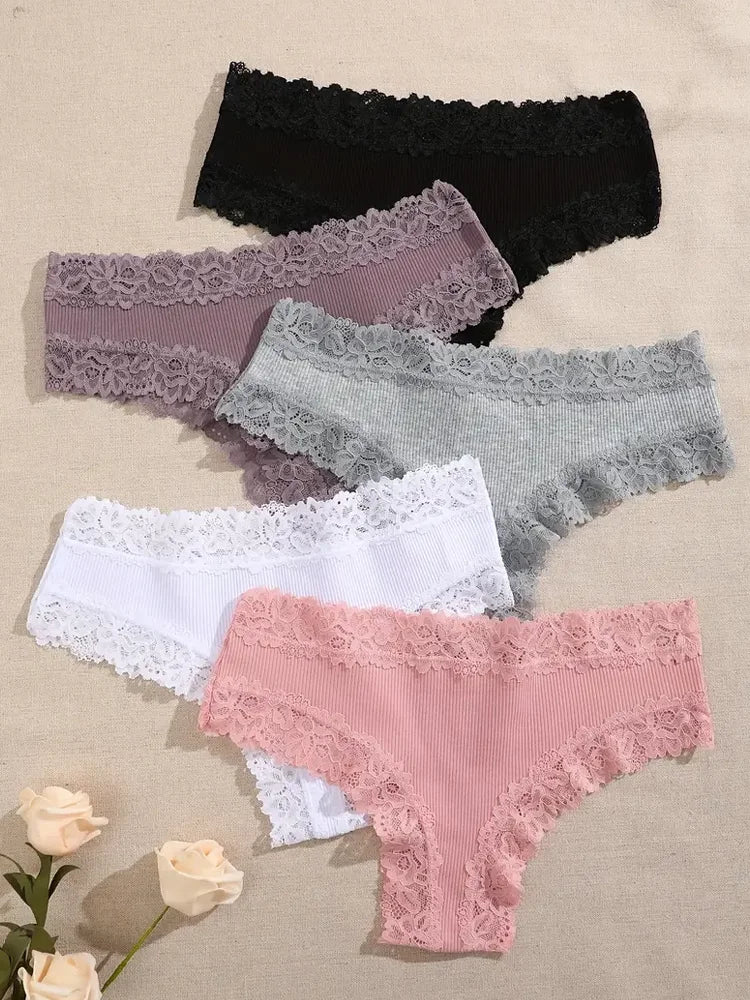 5 PCS Women's Cotton Panties | Floral Lace Patchwork Briefs | Soft Comfortable Underwear S-XL