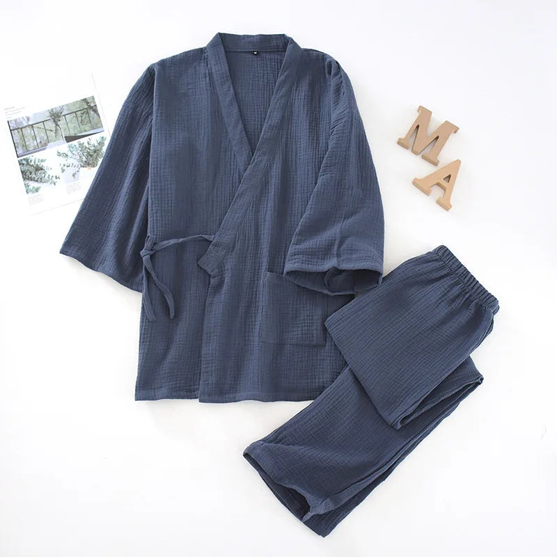 2025 Japanese Kimono Pajama Set | 100% Cotton Two-Piece Couple Yukata | Loose Homewear for Women