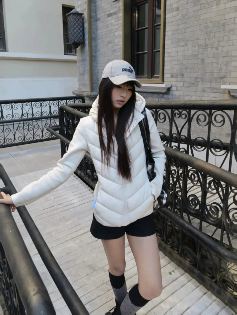 ETJ 2025 Women's Elegant Patchwork Long Sleeve Standing Collar Hooded Cotton Jacket Sport Coat