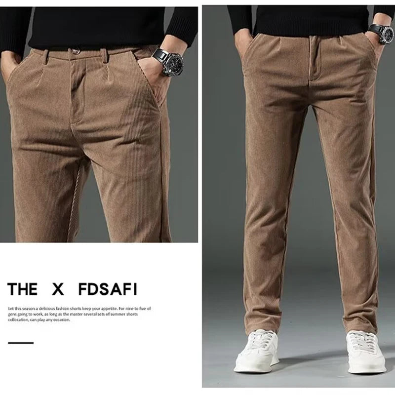 Men's High-Quality Corduroy Thermal Pants – Khaki Narrow Leg Casual Autumn Winter Trousers