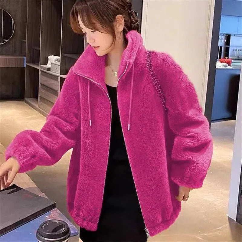 Winter Warm Double Coral Fleece Coat Women Stand Collar Plush Thick Loose Casual Long Sleeve Zipper Overcoat